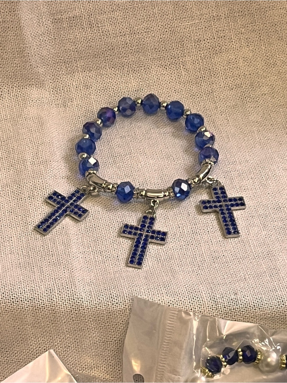 Blue Beaded Cross Charm Bracelet - Women
